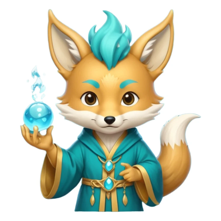 Chibi teal fox with small antler horns, confident magical expression, gold mark on forehead, teal-gold robe, holding glowing blue water orbs, with dragon tail with small antler horns sticker