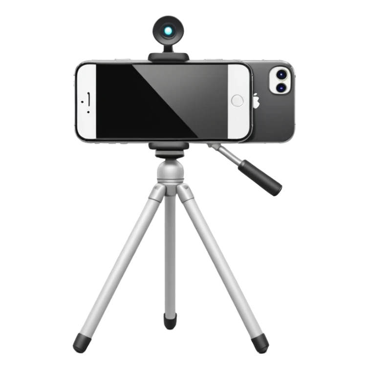 3D Apple-style emoji of a white tripod holding an iPhone 16 Pro,
rear view, visible camera lenses,
clean white background, smooth rounded design sticker