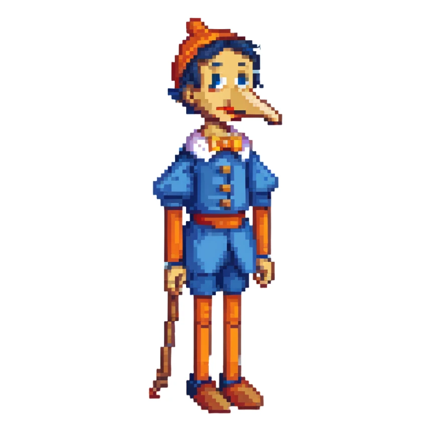 Pinocchio wooden puppet with a long nose, blue clothes sticker
