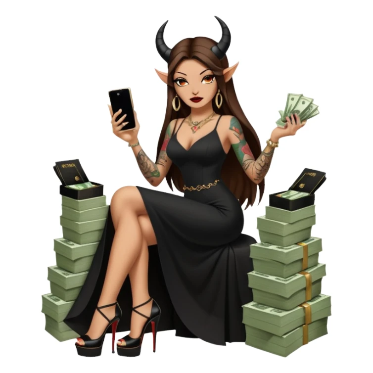 Sensual queen long brown straight haired mafia woman with black shiny platform high heels on her feet,  and black devil horns on her head, tattoos on arms , holding a stack of cash, has a phone in other hand. Sitting on a large big new model F350 pickup truck  long black dress with  slit sticker