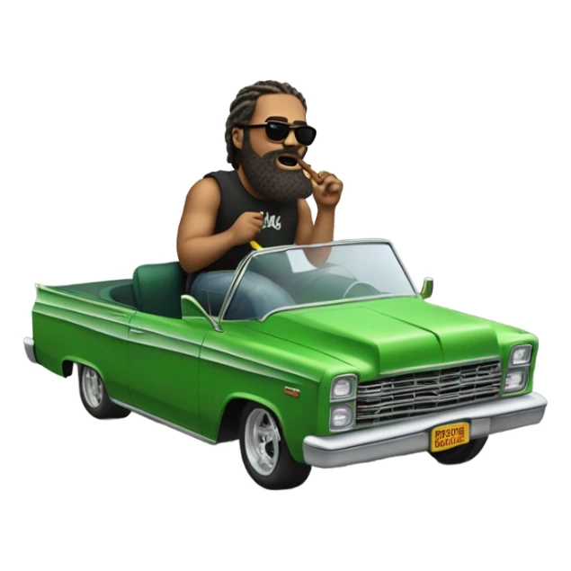 realistic portrait of bearded man puffing, big clouds while riding in a green Lowrider sticker