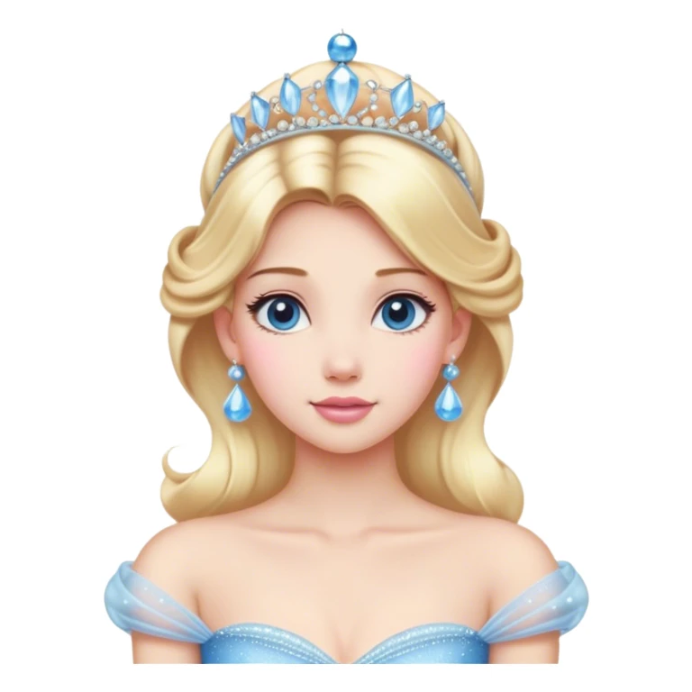 Cinematic Majestic Cinderella Portrait Emoji, rendered in a realistic, vector-style with clean, bold shapes. Depict Cinderella with a refined, noble expression, her fair skin luminous and her long blonde hair styled in an elegant updo, adorned with a delicate tiara. Her attire is a simple, sparkling ball gown that radiates soft pastel hues, glowing with a soft, majestic light and a subtle glowing outline, epitomizing classic royal beauty. sticker