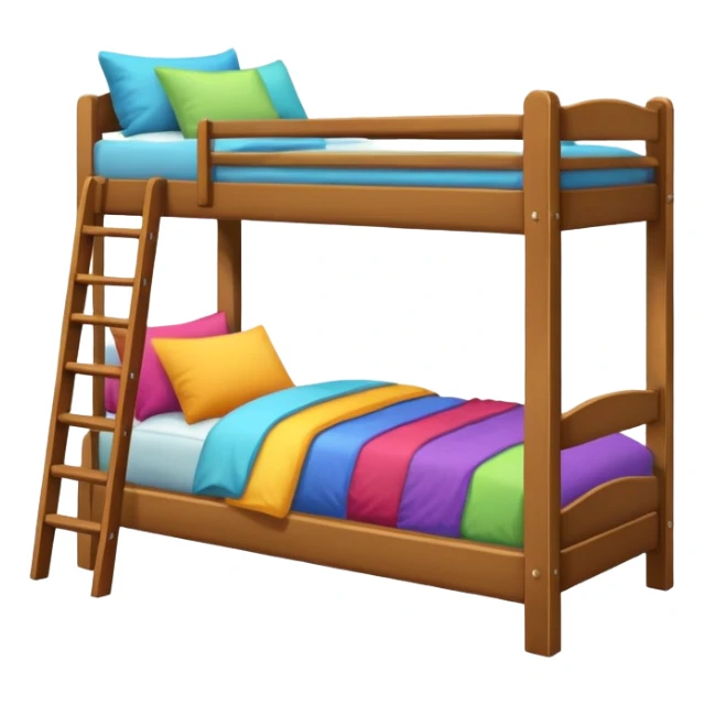 "Cozy bunk bed in a bright bedroom, wooden frame, colorful bedding, small ladder, soft natural light, realistic and detailed." sticker