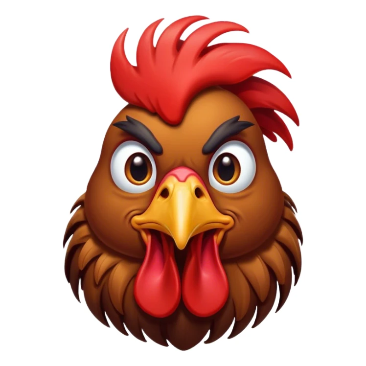 Cinematic Comical Brown Rooster Portrait Emoji, Head tilted dramatically with an exaggeratedly amused expression, featuring a striking, glossy brown plumage with a bold red comb, wide, expressive warm eyes filled with playful disbelief, Simplified yet hilariously expressive features, highly detailed, glowing with a slightly sassy glow, high shine, dramatic yet playful, stylized with an air of cheeky mischief, bright and endearing, soft glowing outline, capturing the essence of a spirited and over-the-top rooster, so meme-worthy it feels like it could crow its way into internet fame instantly! sticker