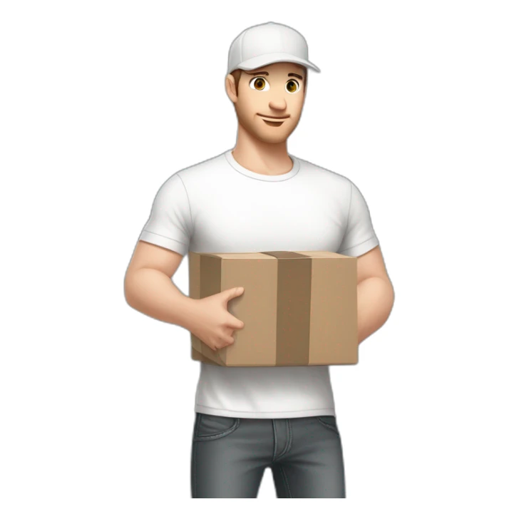 Pale skinned fit Man with dark brown hair in a light gray cap, dark brown jeans, brown polo and white T-shirt keeping a pasted with tape white box into his hands sticker
