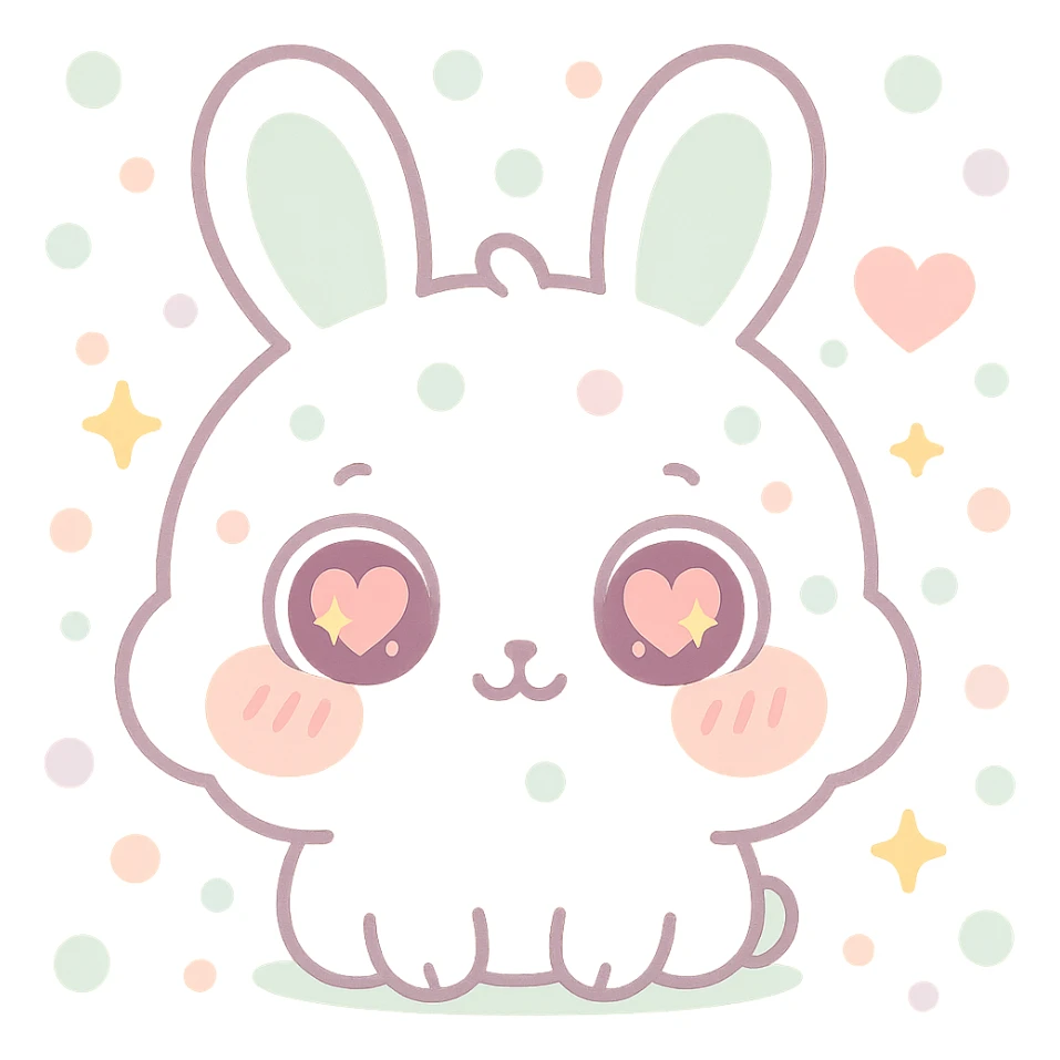 kawaii chibi-style bunny emoji with love eyes mood, round fluffy face, sparkly eyes, blushing cheeks, pastel color palette, soft rounded design, anime-style, sparkles and hearts, vector art, transparent background sticker