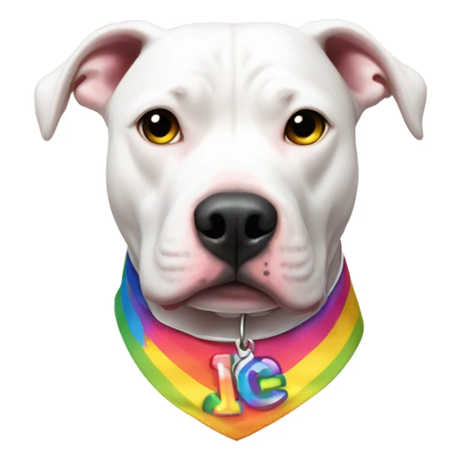 White pitbull with a collar that spells out Ice wearing gay pride shirt sticker