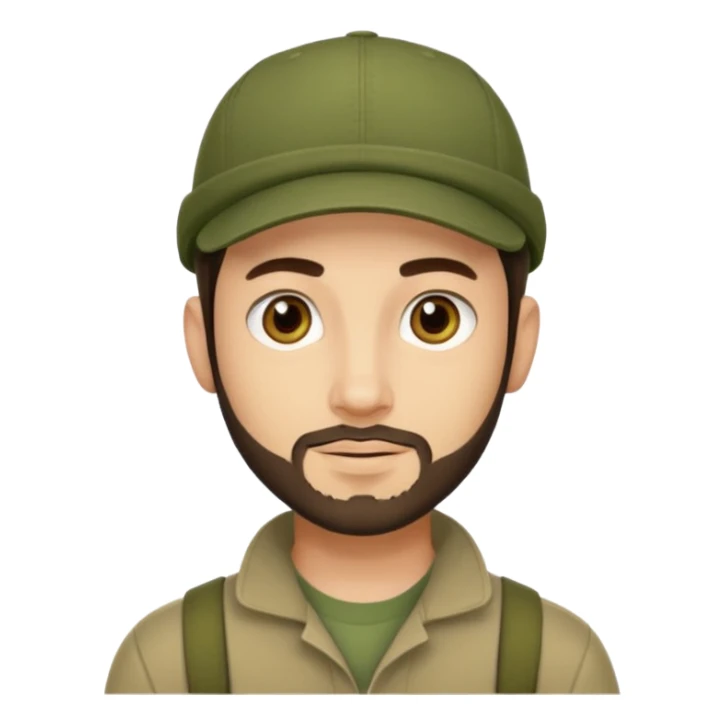 Apple emoji style young man with light skin, short stubble beard, dark eyes, olive green cap, dark brown hair. Clean shapes, soft gradients, friendly expression. sticker