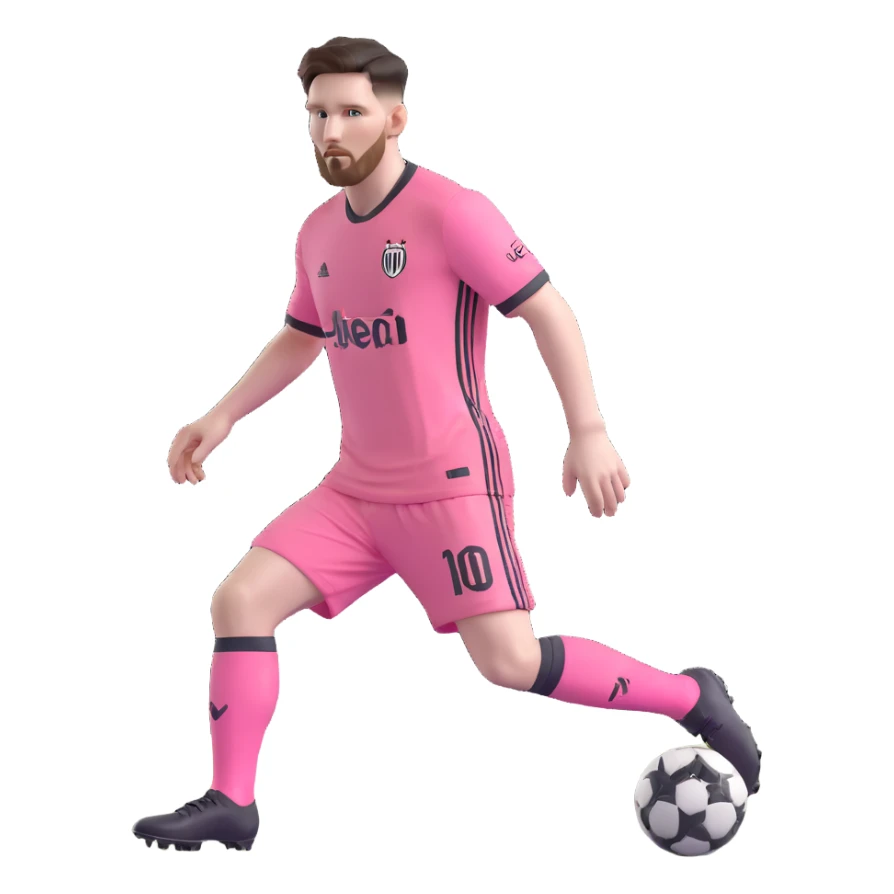 Messi dribbling a soccer ball, dressed in Inter Miami's pink jersey, focused expression sticker