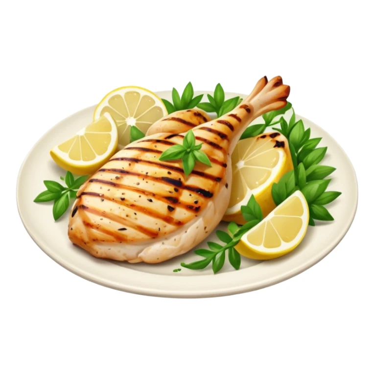 Draw a grilled chicken breast on a plate with herbs & lemon slices. sticker
