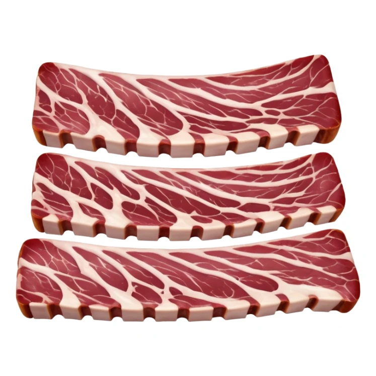 raw rack of pork ribs with curved bone structure, trimmed edges, alternating layers of pink-red meat and white fat, moist surface, visible marbling, slight connective tissue, no sauce or extras, soft lighting, emoji scale sticker