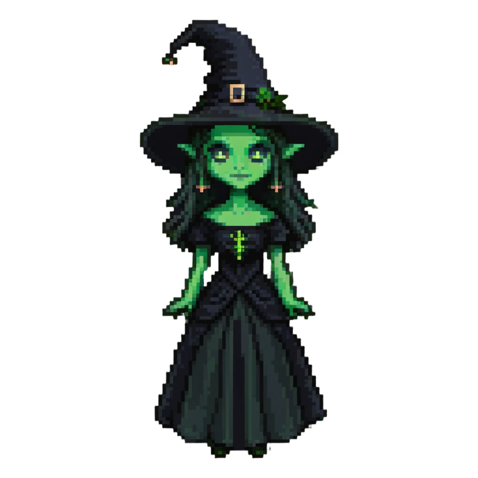 Elphaba from Wicked, green-skinned witch with a black pointed hat and black dress sticker