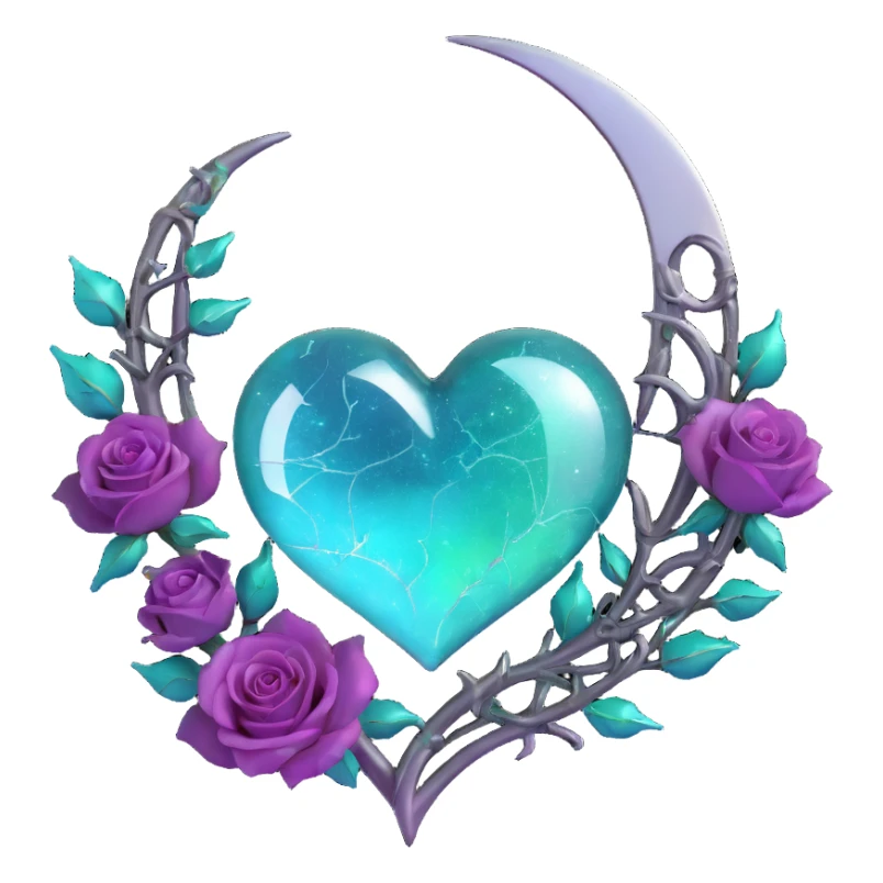 3D emoji-inspired gothic heart of iridescent aurora glass, featuring a silver crescent moon, neon teal lightning, gradient roses, holographic stardust, drenched splintered glass sticker