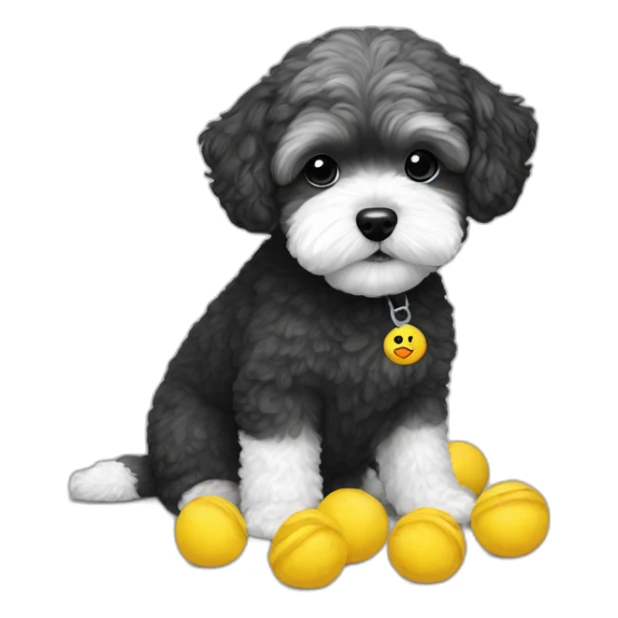 Maltipoo, black and white, with MAY t-shirts sticker