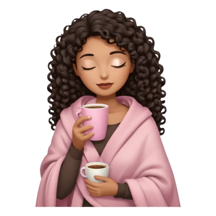 hispanic woman, brown skin, black long 3b curls, closed eyes, feminine face, holding soft pink coffee cup with beige blanket over shoulders sticker