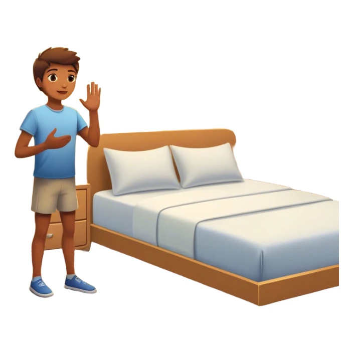 A person stands beside their bed, rolling out groggily with determination. The bed behind them is neatly made, a mirror in front of them shows them high-fiving their reflection. A glowing sunrise outside signals the start of a productive day. sticker