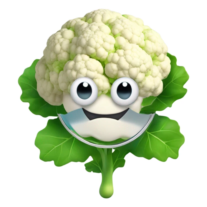 3D cauliflower emoji character with big eyes 👀, surrounded by a few green leaves 🍃, holding a small mirror 🪞. The character is floating in the air with no legs visible, on a pure white background. sticker