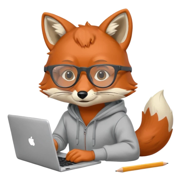 fox with clear fur wearing a gray hoodie and vision glasses, working interestedly on a laptop, holding a pencil in hand, notebook lying nearby, no background sticker