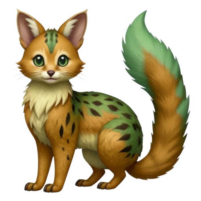 Hyper realistic  rusted bronze fur cracked with green-patina age veins and dull shimmer beautiful elegant pretty precious cute  Fakémon-Pokémon-opossum-feline-serval-caracal-chinchilla-Furret-Minccino-hybrid-creature with a big fluffy bushy tail (full body) sticker