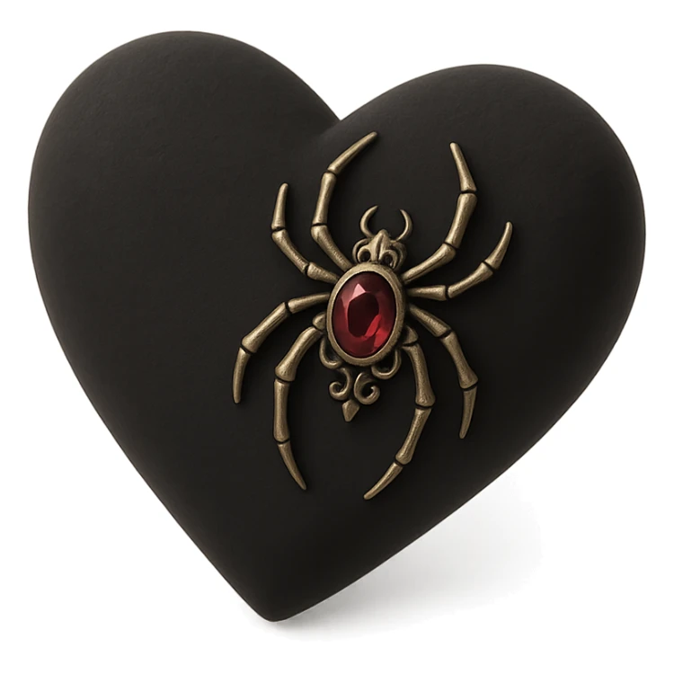 gothic heart in 3D black style, black velvet texture, silver spider brooch, deep red gemstone, ornate and dark sticker