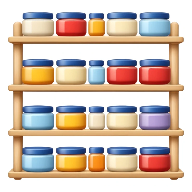 Japanese brand creams displayed on a storage shelf, arranged with horizontal variation and vertical consistency, with identical items placed directly behind one another. sticker