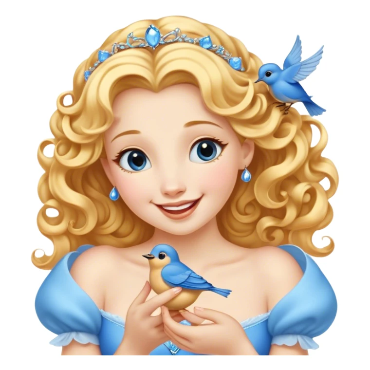 Cinematic Adorable Cinderella Portrait Emoji, Giggling softly while holding a tiny bluebird, golden curls bouncing, eyes sparkling with joy, wrapped in a soft golden glow, exuding warmth and charm, an irresistible blend of beauty and playfulness! sticker