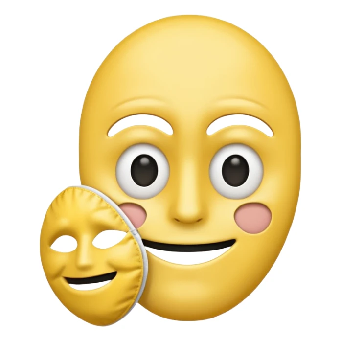 A sad face emoji holding a happy face mask sticker