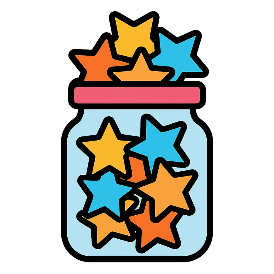a small jar overflowing with paper lucky stars, color outline icon style sticker