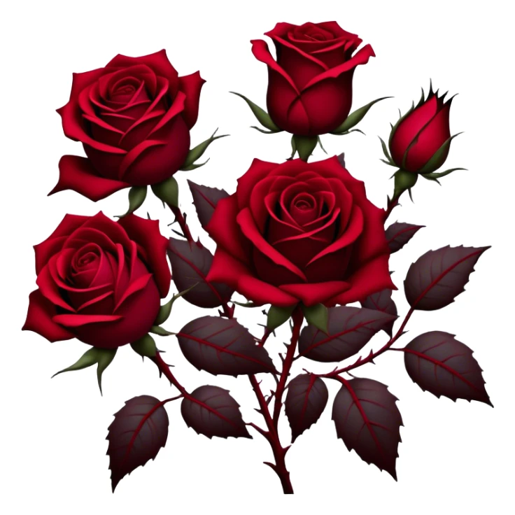 A hauntingly beautiful scene of deep red Gothic roses, their velvety petals unfolding in shades of ruby, burgundy, and scarlet. Dark thorns twist around them, emerging from the shadows like a forbidden love story. sticker