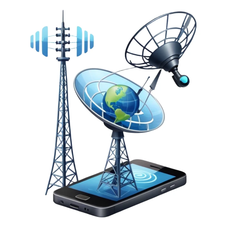 An icon featuring a satellite dish, a cell tower emitting signals, and a smartphone displaying a chat interface. The design includes fiber-optic cables and data waves, symbolizing global communication, connectivity, and information exchange. Transparent background. sticker