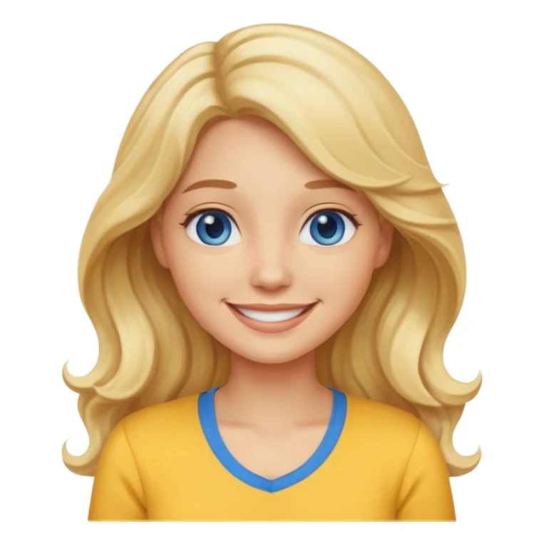 Create a custom emoji-style character inspired by a smiling woman with long, wavy blonde hair, light skin tone, and blue eyes. Emphasize a friendly, approachable expression with a bright smile and soft features. sticker