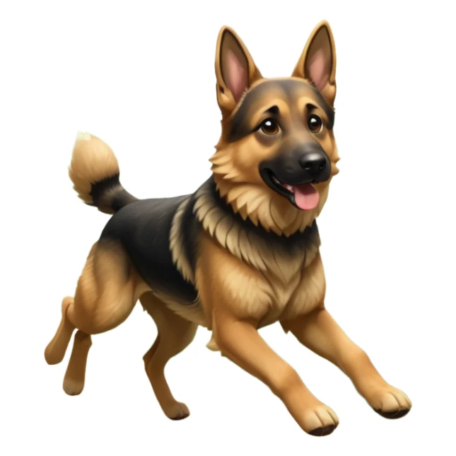 A German Shepherd running through a forest trail, showing strength and motion. Sunlight filtering through trees, dynamic action shot, detailed fur texture. sticker