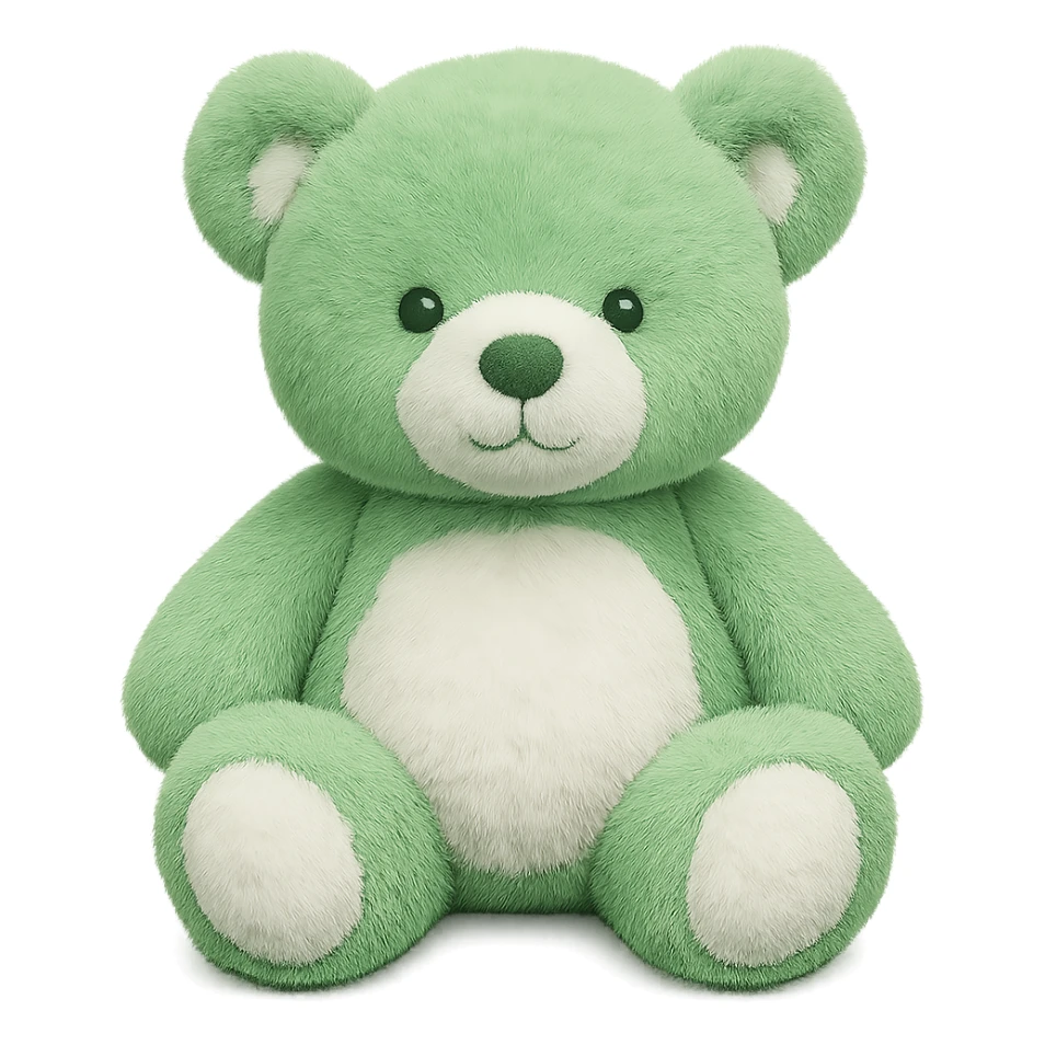 Change the teddy bear's fur to green and white, keep it soft and plush, no shadows, flat lighting, no background. The style should maintain the original look of the teddy bear in the image. sticker