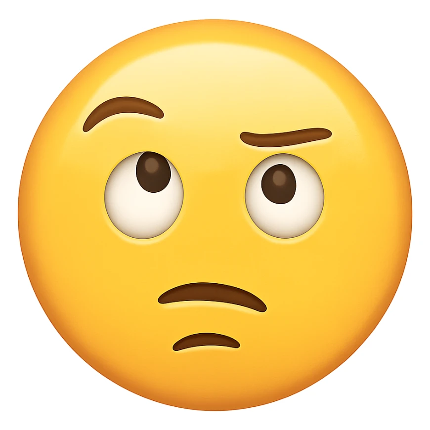 yellow face with raised eyebrow emoji, digital illustration, no background sticker