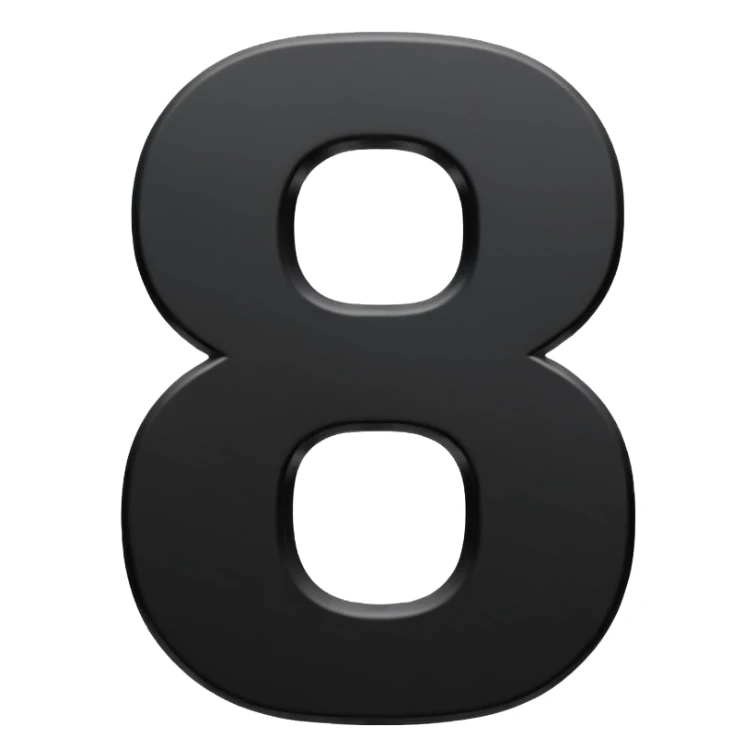 Minimal emoji, number 8 made of solid matte black metal, thick symmetrical form, subtle metal texture, deep shadows, no glow, no neon, flat emoji design, centered, transparent background sticker