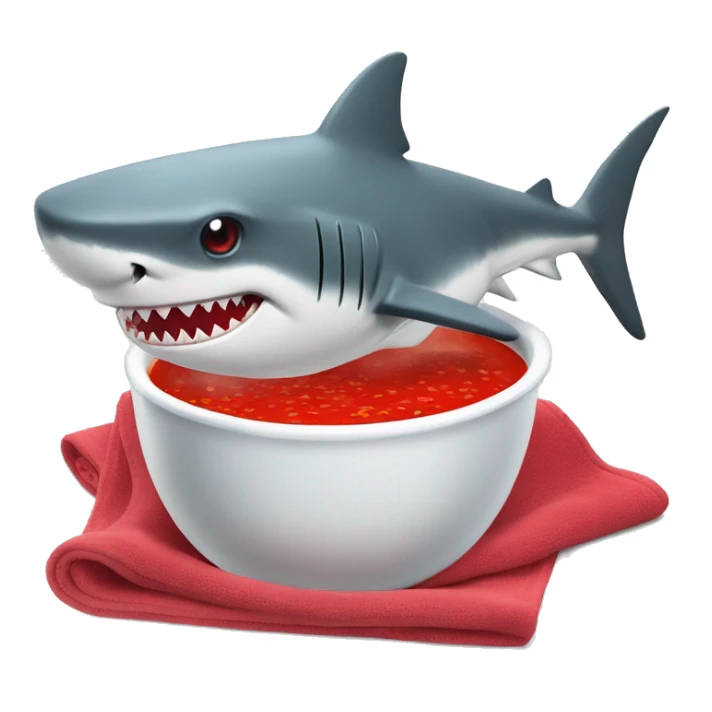 a shark eating red soup with white round pieces floating in it. the shark has a towel on his head and his mouth is watering at the sight of food sticker
