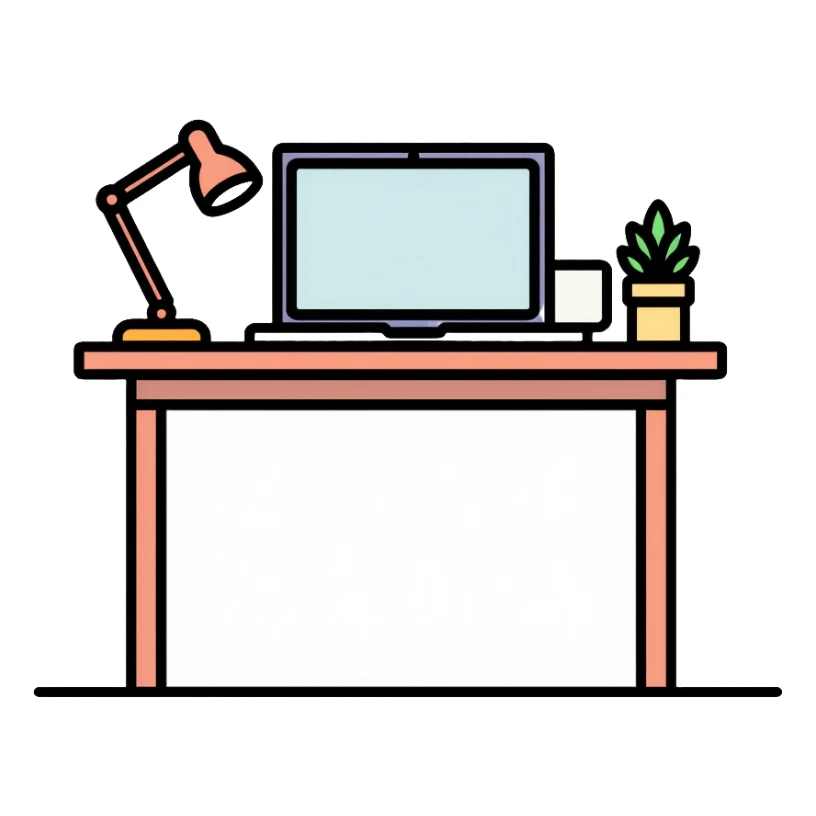 A neat desk workspace with an open laptop, coffee mug, and a small potted plant, minimalist and organized sticker