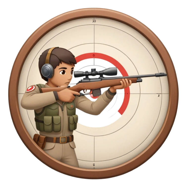 A focused marksman aiming at a target with a rifle, displaying perfect form and concentration. The background includes a target board with concentric rings, emphasizing accuracy and precision in a competitive shooting environment sticker