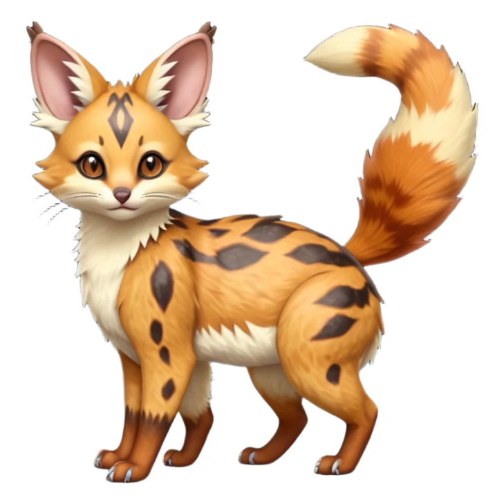 Hyper realistic  ember-rust copper fur molten with glowing magma seams and smoky tips beautiful elegant pretty precious cute  Fakémon-Pokémon-opossum-feline-serval-caracal-chinchilla-Furret-Minccino-hybrid-creature with a big fluffy bushy tail (full body) sticker