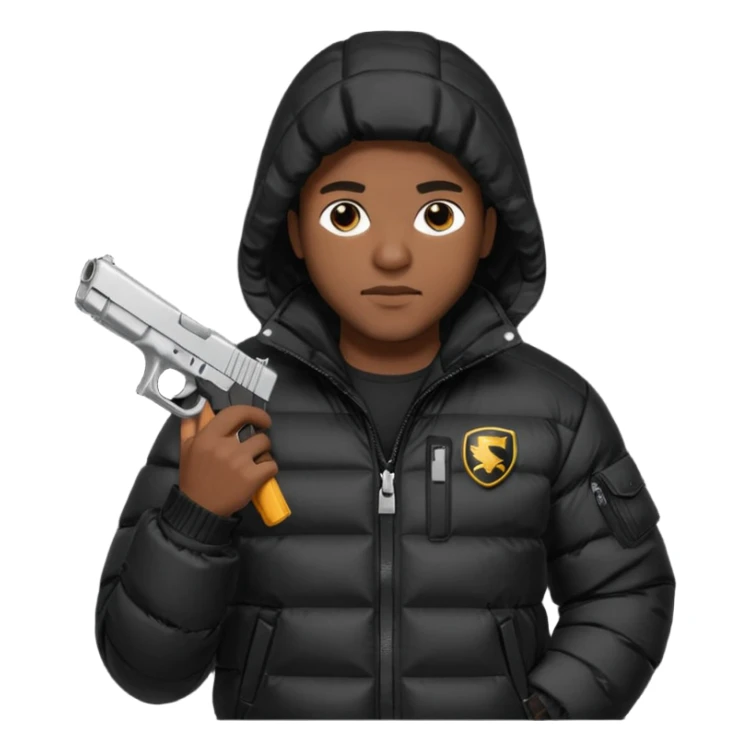 african american wearing a black puffer jacket with the hood on and holding a glock 26 sticker