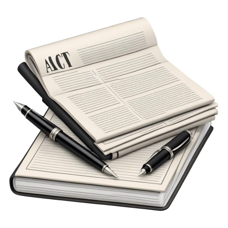 Create an emoji representing journalism and publicistic writing. The design should feature a stack of newspapers, an open notebook, and a classic fountain pen placed on top of the notebook, symbolizing the act of writing. The scene should convey a sense of professionalism and thoughtful analysis. Use a neutral and professional color palette, with black, white, and muted tones. Do not include any emojis or smiley faces. Make the background transparent. sticker