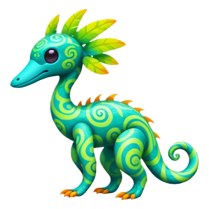 futuristic lush tropical exotic patterned swirly random-colored neon-colored Fakémon-Trico-creature (full body) sticker