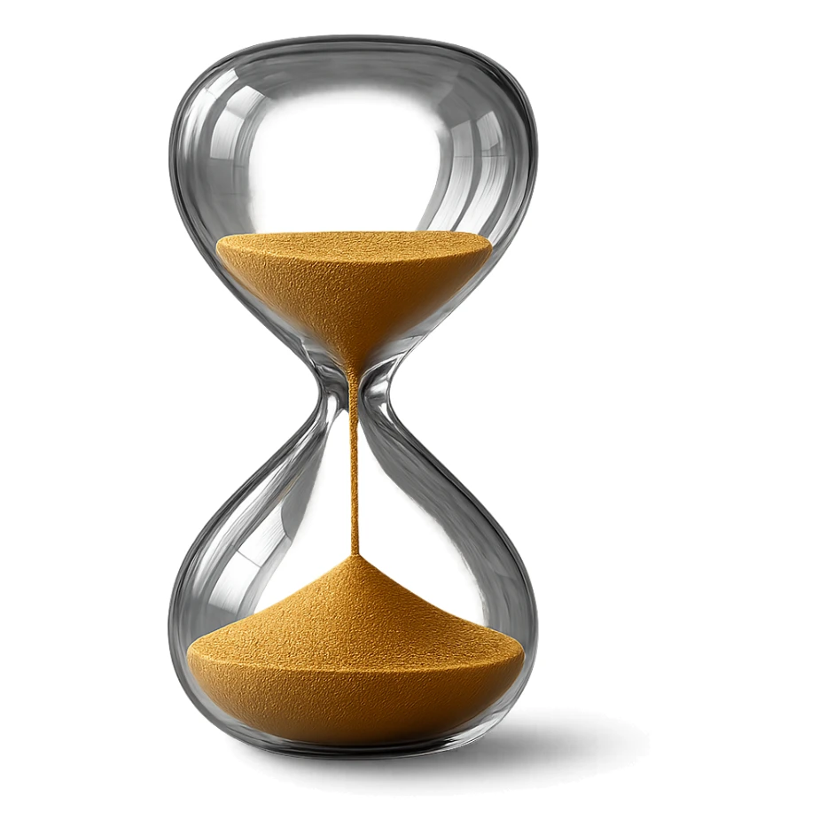 3D hyperrealistic hourglass, 4K render, realistic glass reflections, golden sand flowing inside, transparent background sticker