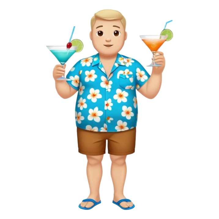 chubby guy full figure in a flowered azure havai shirt, brown shorts and flippers holding a cocktail sticker