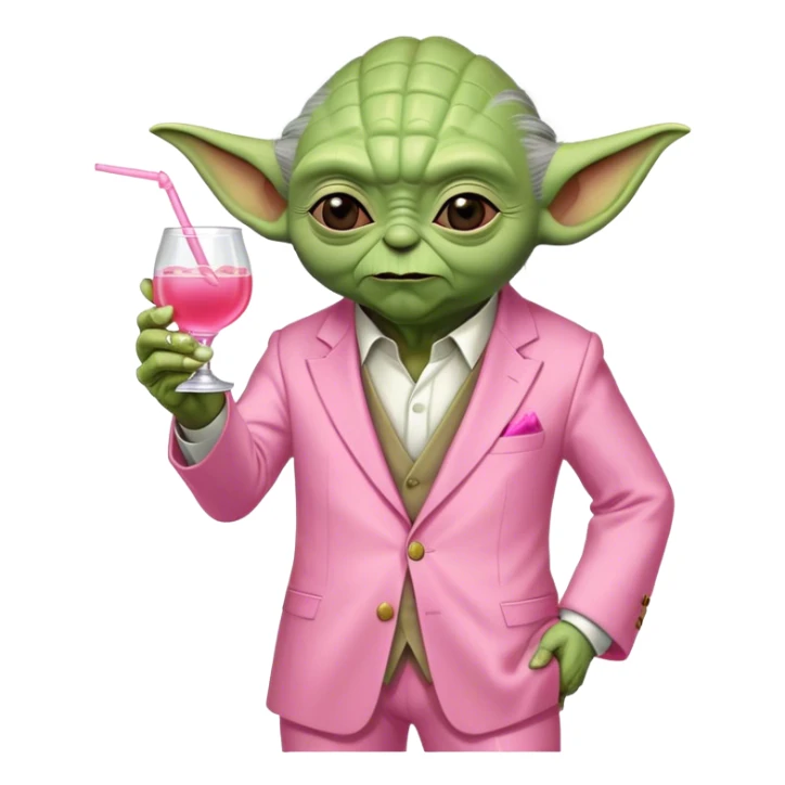 Master Yoda in all pink suit, with one hand holding pink tequila shot drink sticker