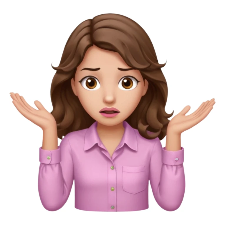 girl with wavy long brown hair, brown eyes, light to medium complexion, long lashes, light pink lipstick, wearing light pink shirt, shrugging with both hands, confused sticker