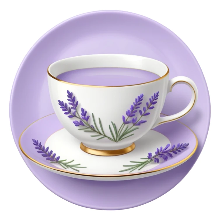 White teacup on a pastel purple plate, lavender flowers on the side sticker