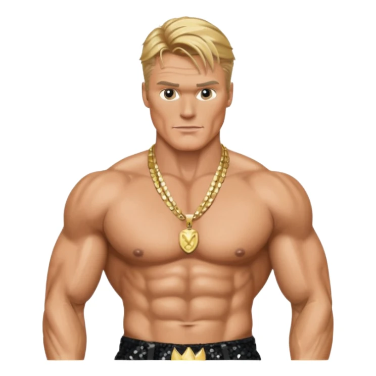 Dolph Lundgren with black sequin baggy pants, shirtless with necklace sticker