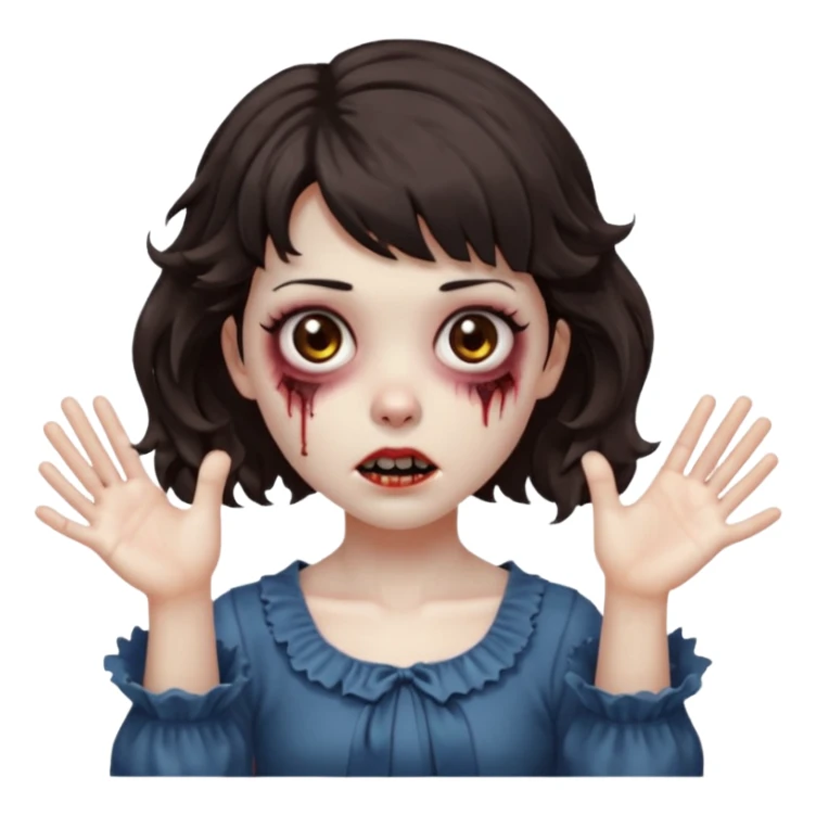 Cabelo ondulado  um pouco cheio e franja curta  Olhos marrons e pequenos e feita d ezumbi mais bonita com cabelo amarro na e com as mãos assim tipo assim🧟‍♀️ sticker