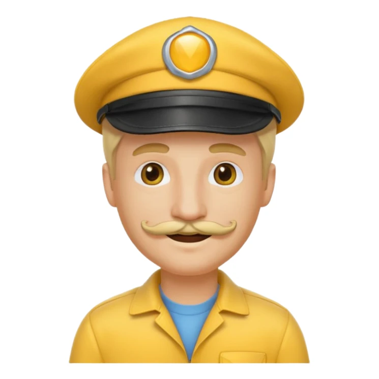 smiling driver man, yellow driver hat, blonde hair, mustache, emoji style sticker